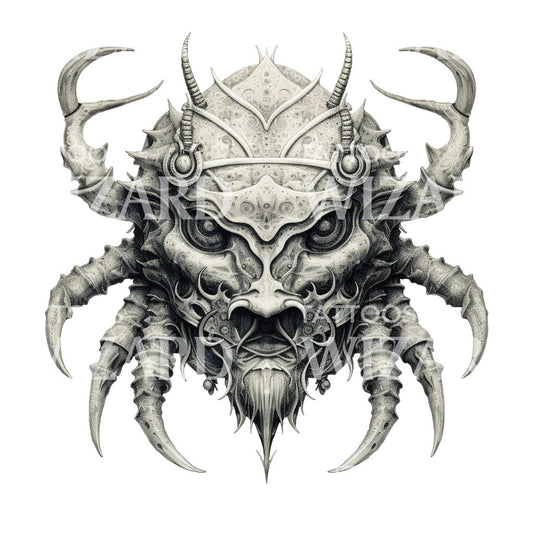 Conception de tatouage de masque de samouraï de crabe noir et gris