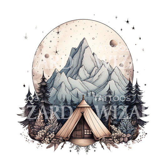 Niedliches Tattoo-Design mit Zelt neben einem Berg