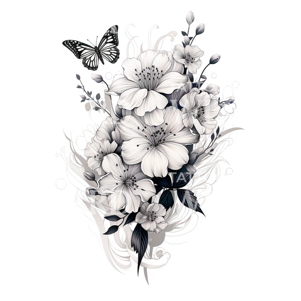 Black and Grey Flower Composition – Tattoos Wizard Designs