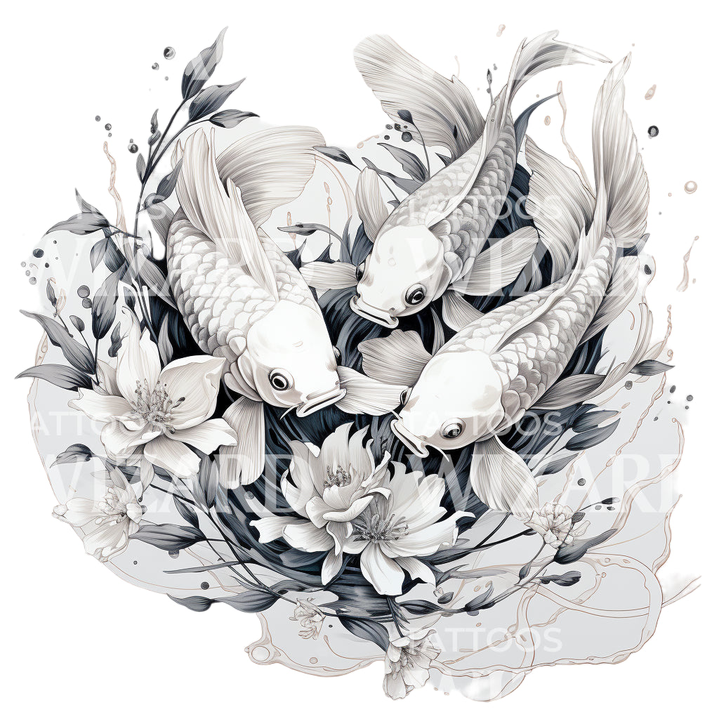 Conception de tatouage de trois poissons Koi blancs