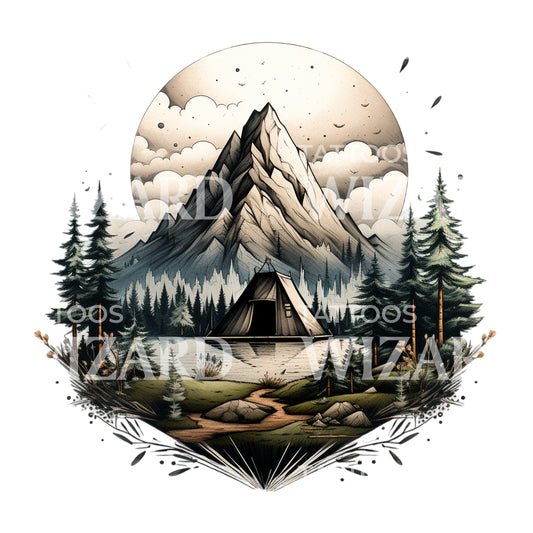 Tente de camping près d'une conception de tatouage de lac de montagne