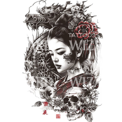 Japanese Geisha Dragon and Skull Tattoo Design