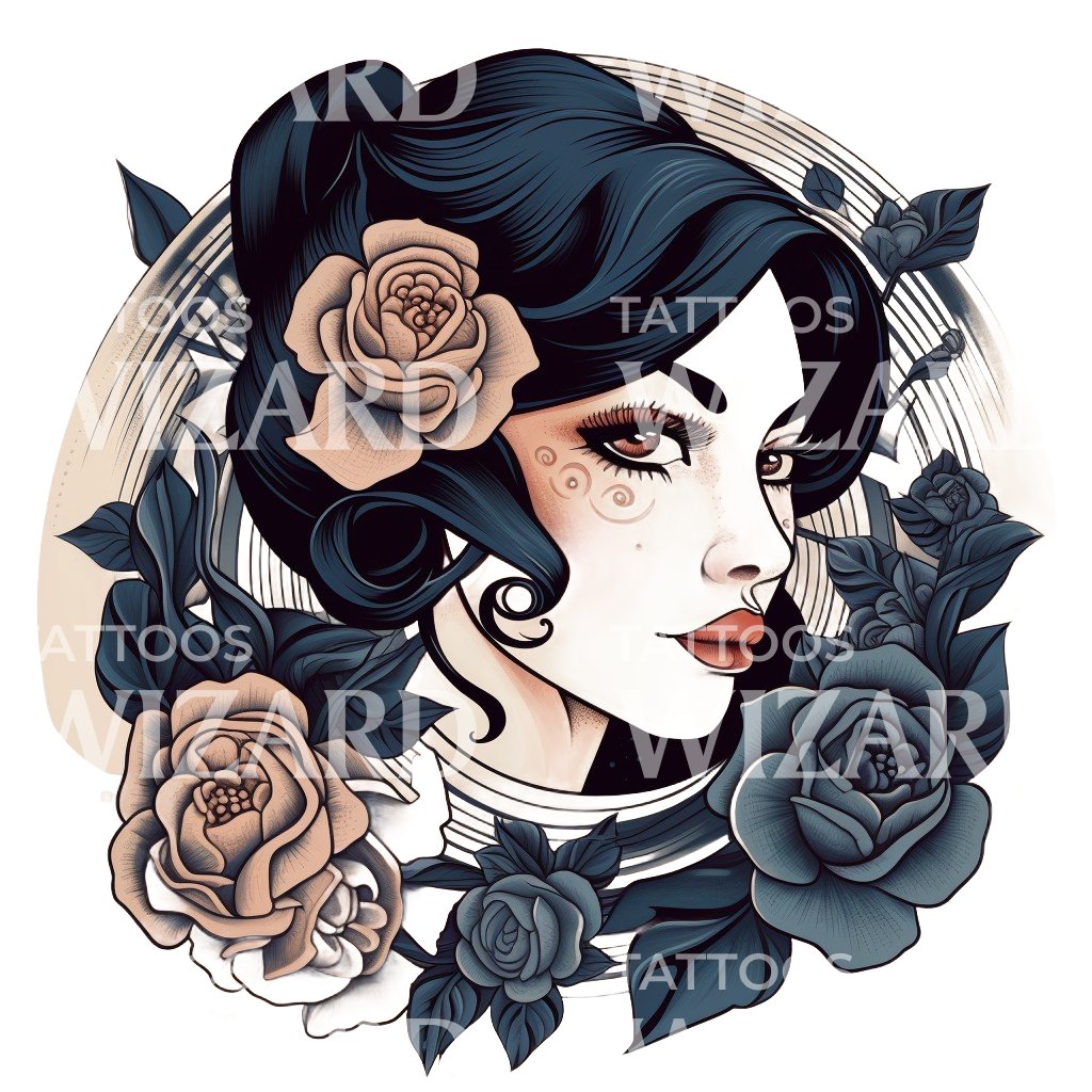 Neotraditional Woman with Roses Design