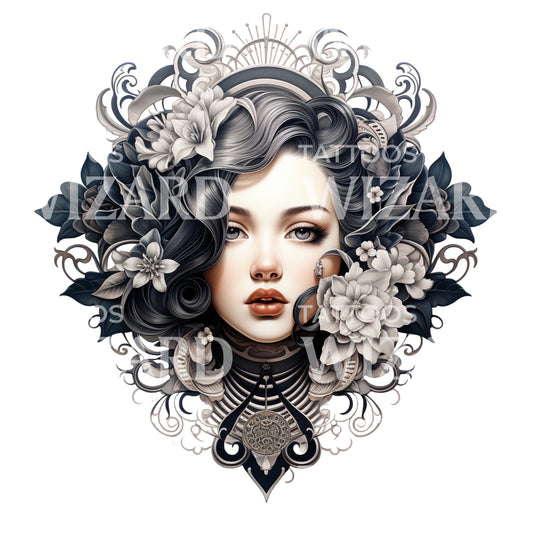 Vintage Girl with Black Flowers Tattoo Design