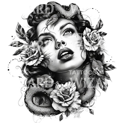 Woman and Snake Portrait Tattoo Design