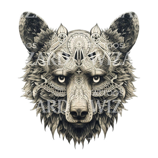 Geometric Black and Grey Bear Mask Tattoo Design