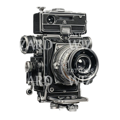 Vintage Camera Black and Grey Tattoo Design