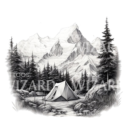 Dotwork Tent Mountain Landscape Tattoo Design