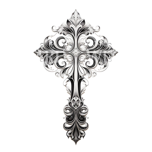 Baroque Cross Black and Grey Tattoo Design