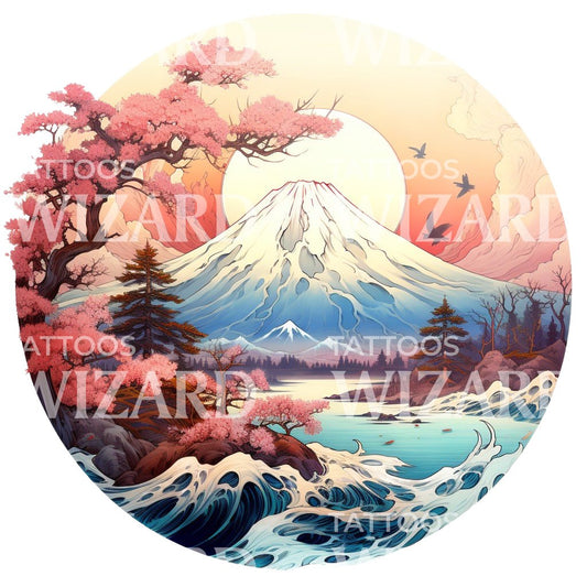 Conception de tatouage japonais du cercle du mont Fuji