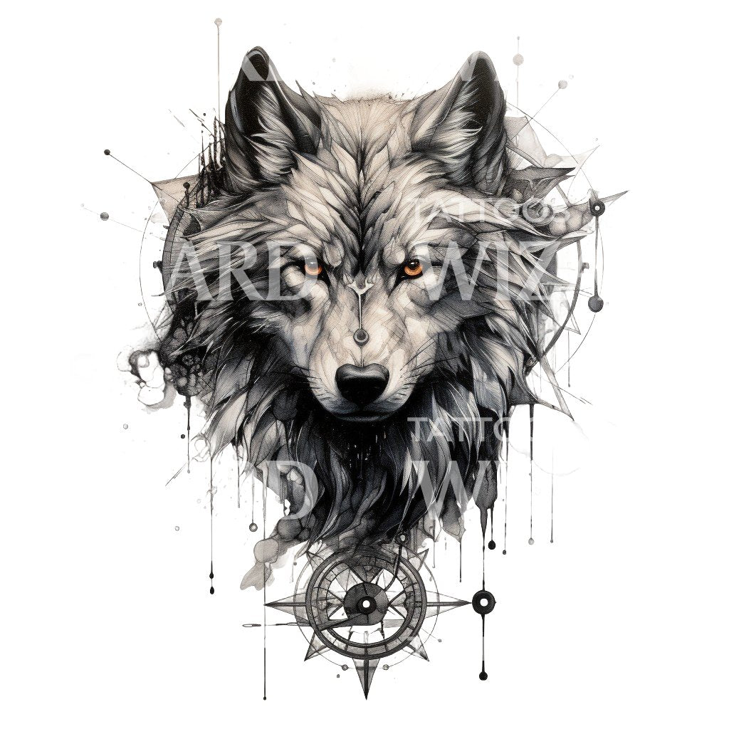 Conception de tatouage de loup sauvage et de boussole