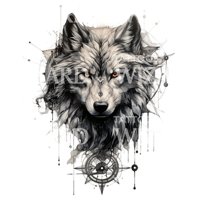 Wild Wolf and Compass Tattoo Design