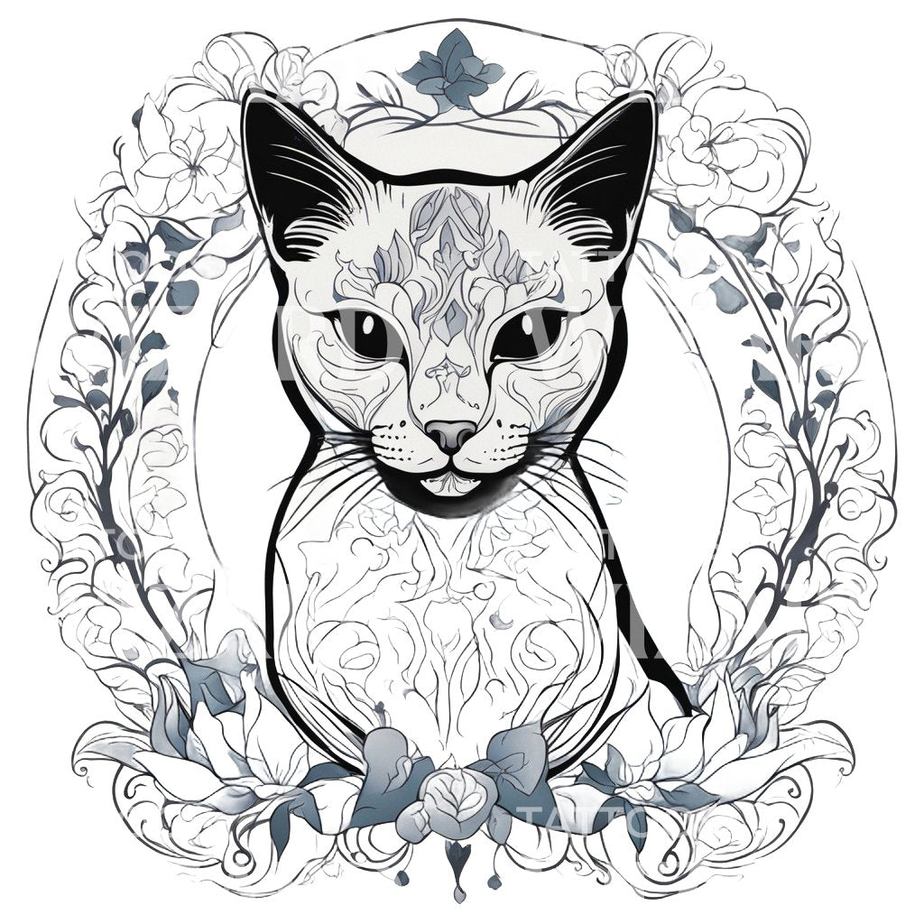 Norwegian Forest Cat Head with Patterns Circle Tattoo Design