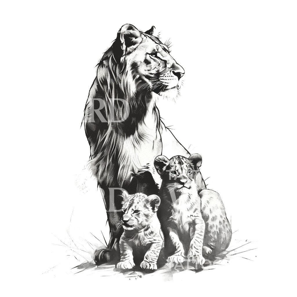 Conception de tatouage de lionne et d'oursons noir et gris
