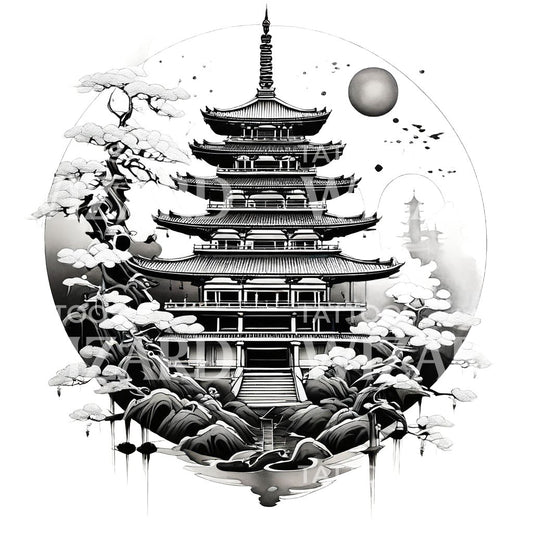 Neotraditional Japanese Pagoda Tattoo Design