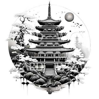 Neotraditional Japanese Pagoda Tattoo Design