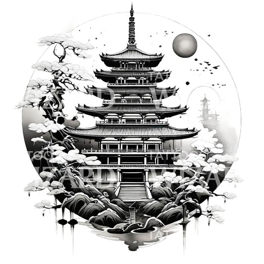 Conception de tatouage de pagode japonaise néotraditionnelle