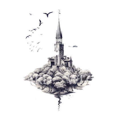 Dotwork Floating Tower Landscape Tattoo Design