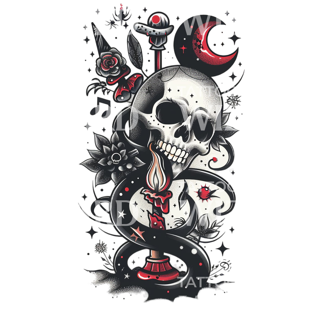 Old School Skull and Candle Tattoo Design