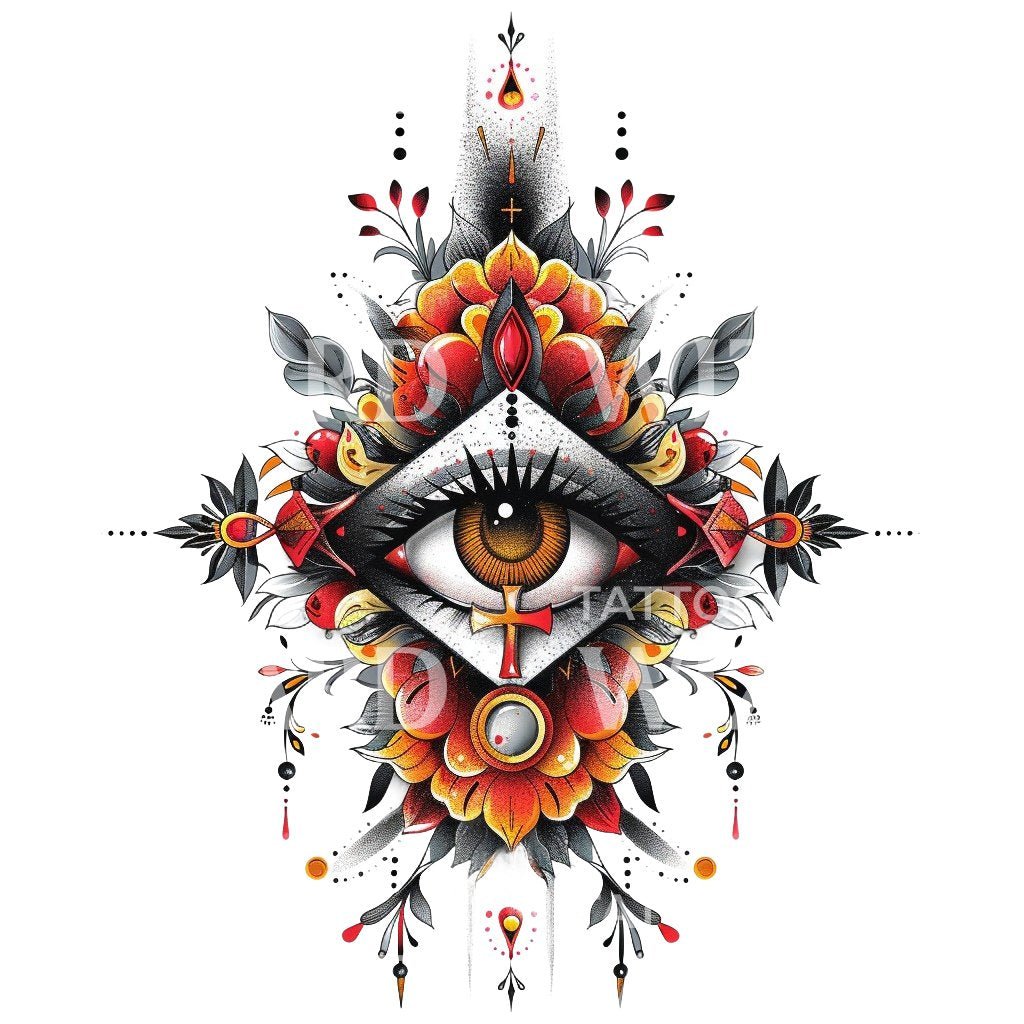 Conception de tatouage floral old school du troisième œil