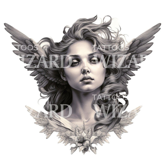 Black and Grey Angel Woman Portrait Tattoo Design
