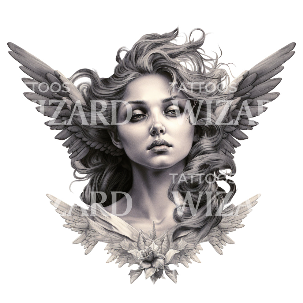 Black and Grey Angel Woman Portrait Tattoo Design – Tattoos Wizard Designs