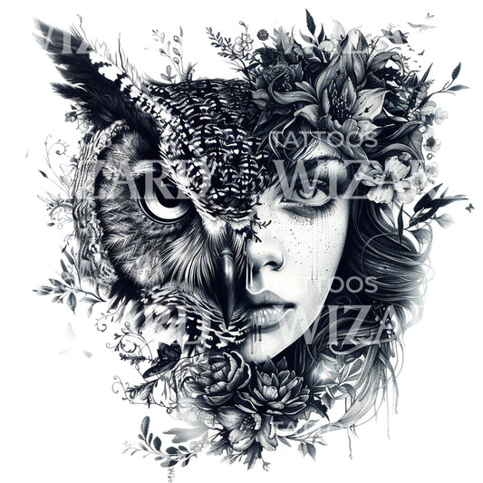 Wise Owl Woman Portrait Tattoo Design