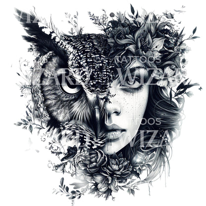 Wise Owl Woman Portrait Tattoo Design