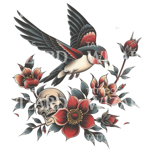 Swallow and Skull Old School Tattoo Design