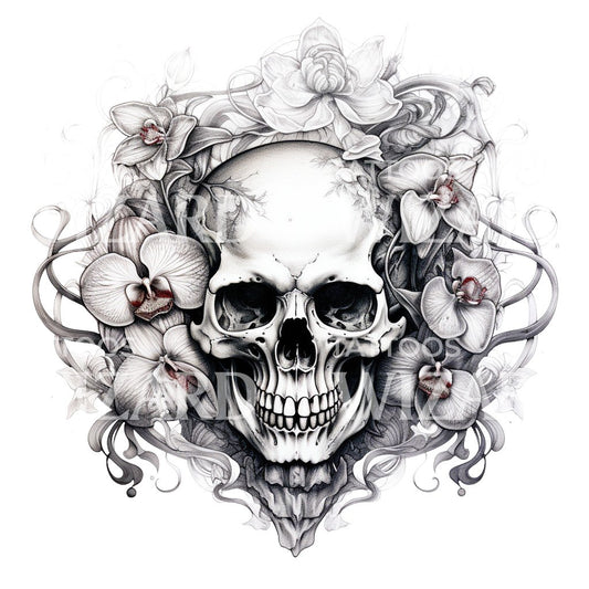 Black and Grey Floral Skull Tattoo Design