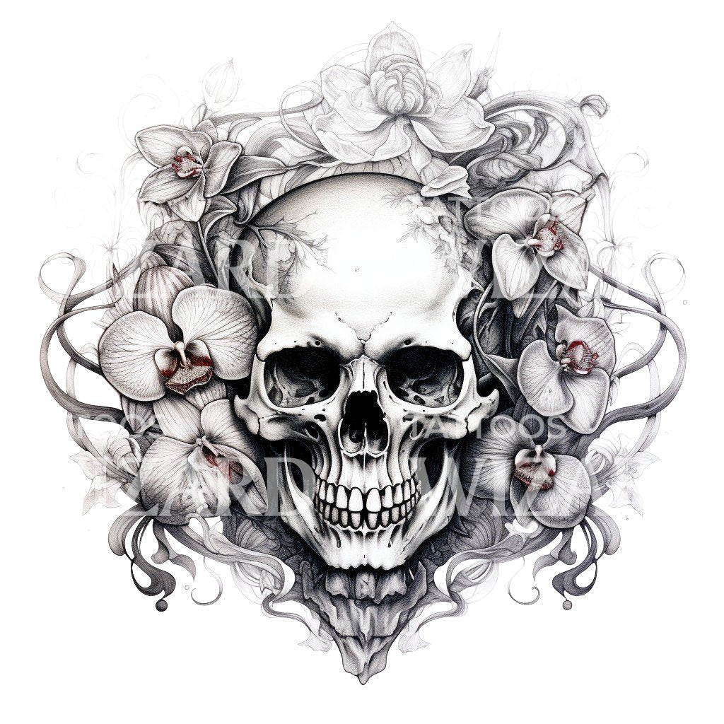 Conception de tatouage de crâne floral noir et gris
