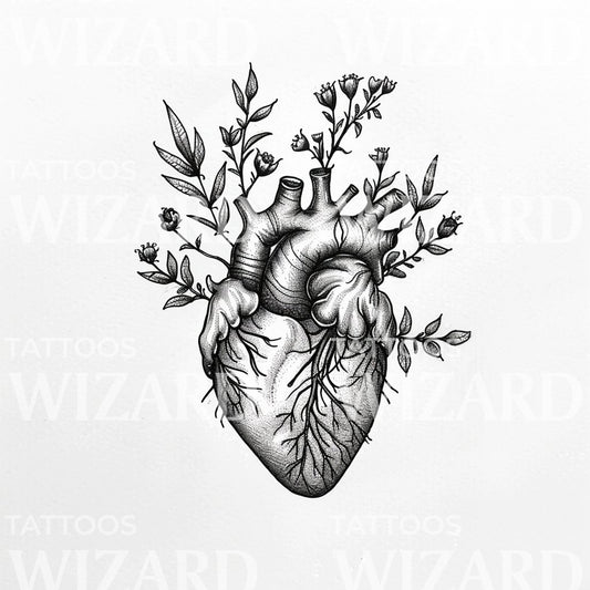 A Anatomical Heart with Flowers Tattoo Design