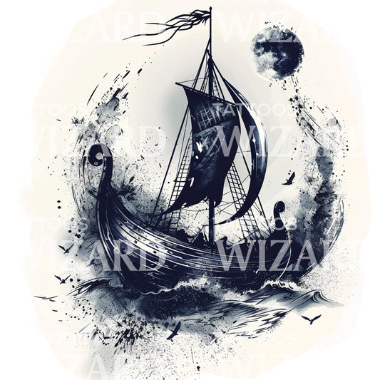 Viking Boat in a Storm Tattoo Design