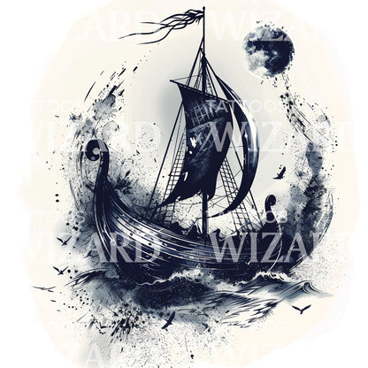 Viking Boat in a Storm Tattoo Design