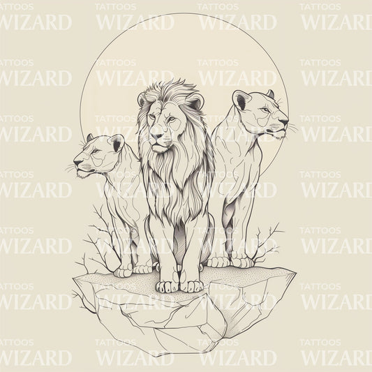 A Lion and Lionesses Minimalist Tattoo Design