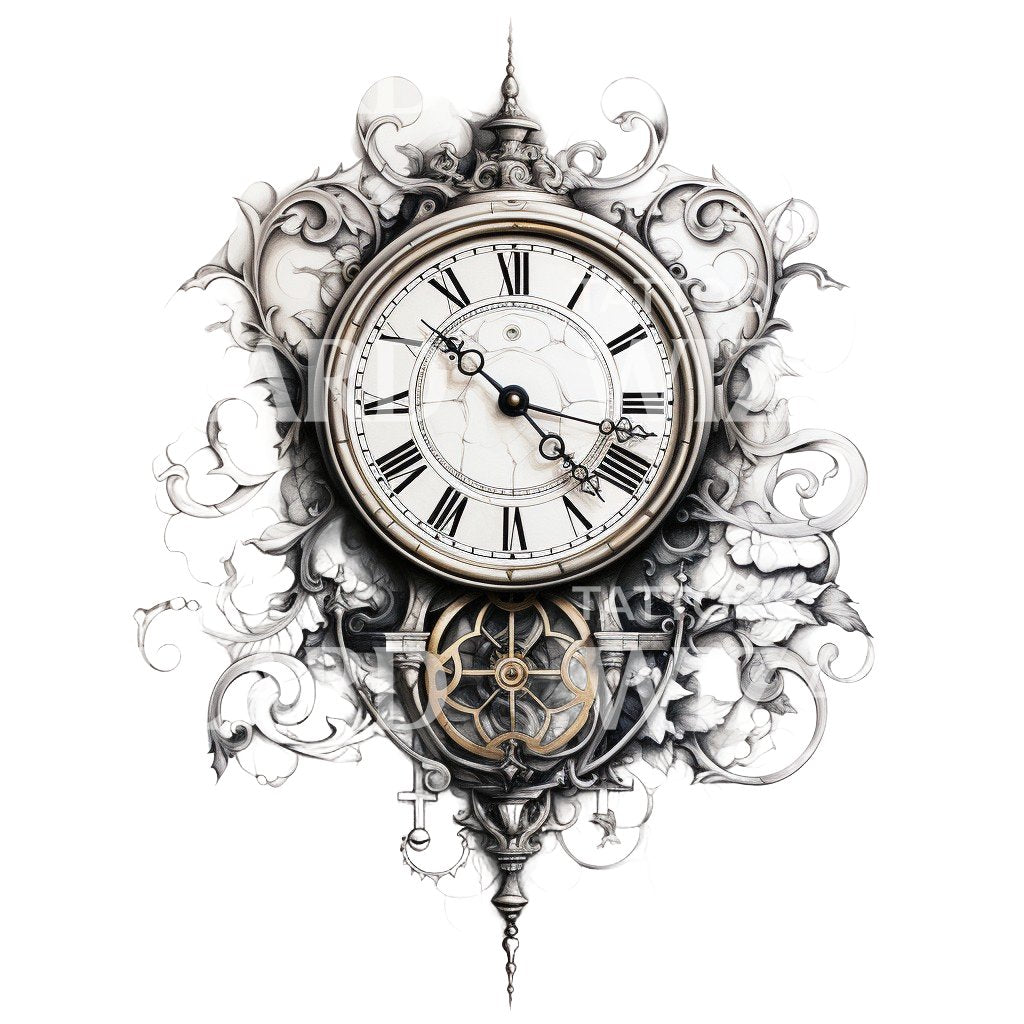 Conception de tatouage d'horloge baroque noire et grise