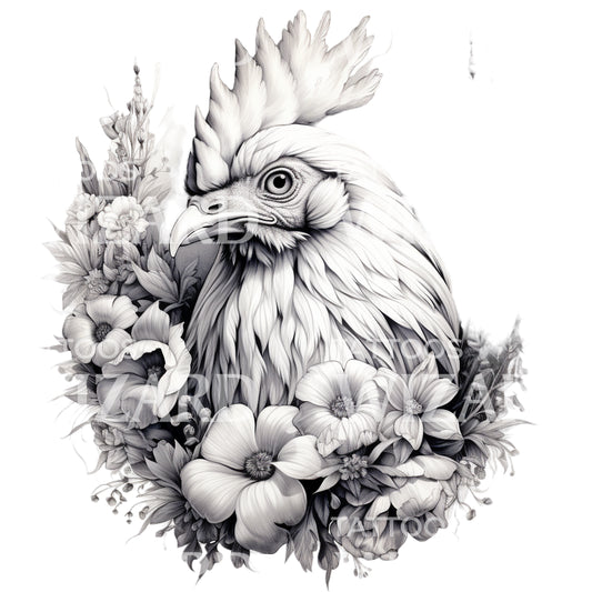 Rooster Portrait Black and Grey Tattoo Design