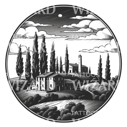Conception de tatouage de paysage de Toscane noir et gris