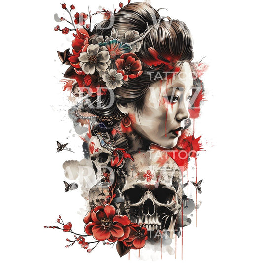 Dark Japanese Woman and Skull Tattoo Design