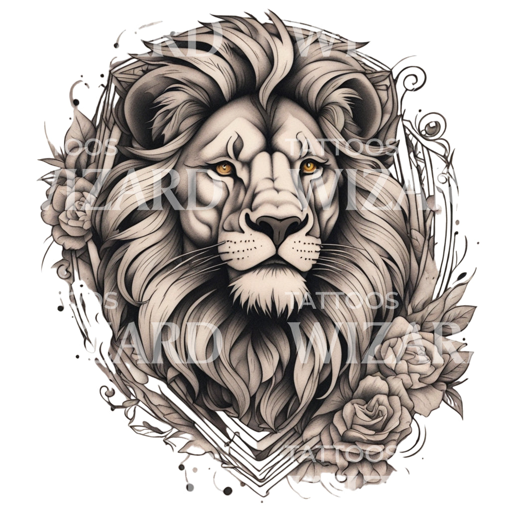Lion with Floral Patterns Neotraditional Animal Circle Tattoo Design