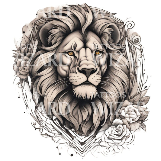 Lion avec des motifs floraux Conception de tatouage de cercle animal néotraditionnel