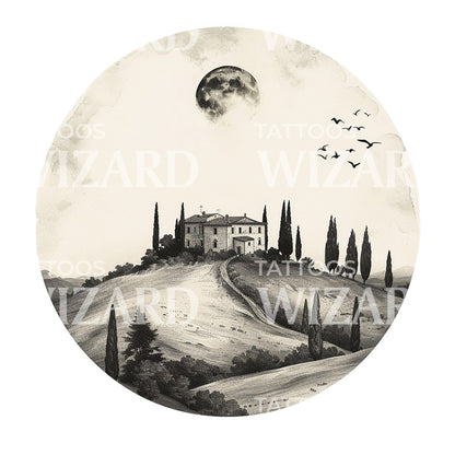 Dotwork Tuscany Landscape Tattoo Design