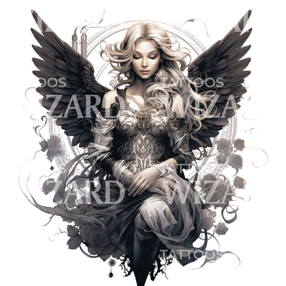 Dark Woman Angel Sitting Tattoo Design