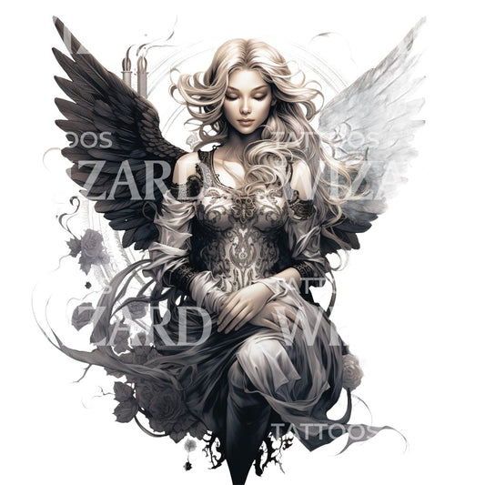 Dark Woman Angel Sitting Tattoo Design