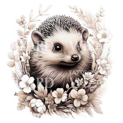 Cute Hedgehog with Wild Flowers Tattoo Design