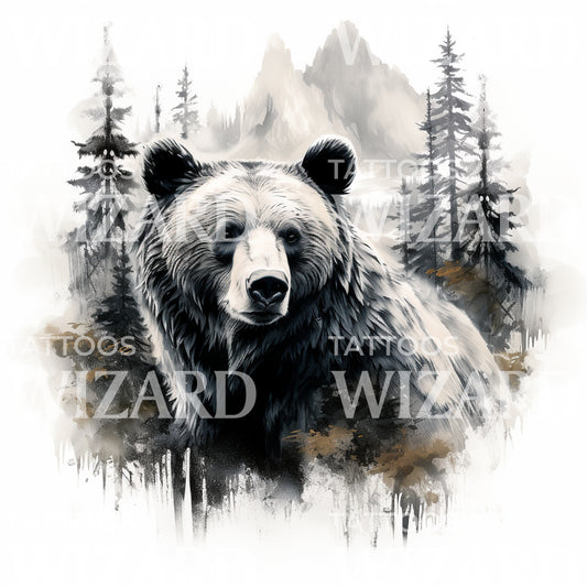 Black Bear in the Forest Tattoo Design