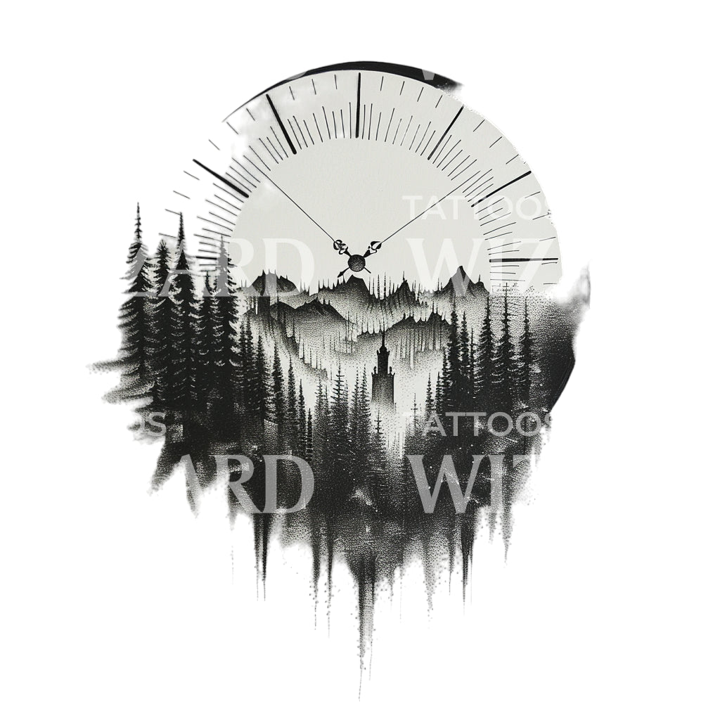 Dotwork Time Clock and Pine Trees Tattoo Design