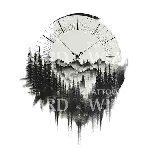 Dotwork Time Clock and Pine Trees Tattoo Design
