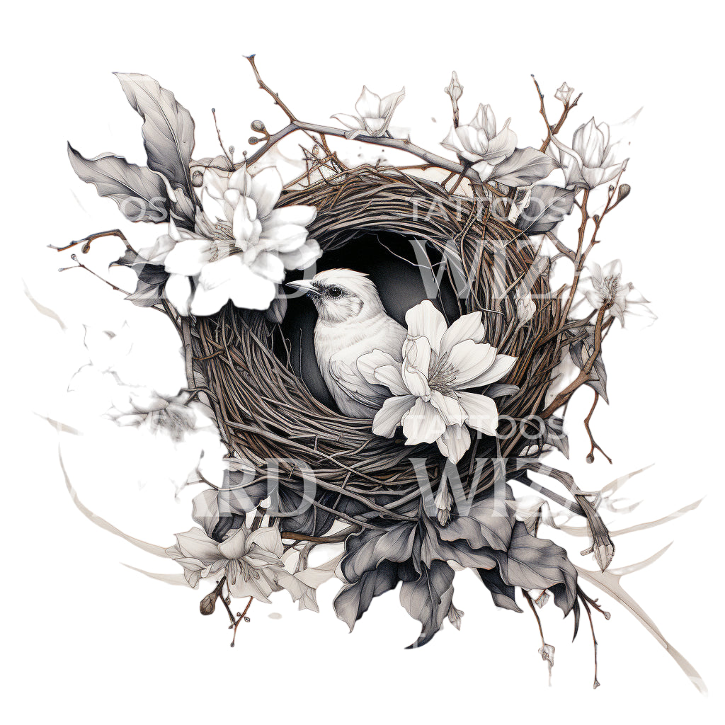 Oiseau blanc dans un nid Conception de tatouage noir et gris