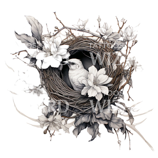 Oiseau blanc dans un nid Conception de tatouage noir et gris